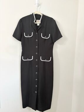 VINTAGE BRAEMAR 60s Mod Black Button Front Sheath Dress Sz M Classic Retro Chic
